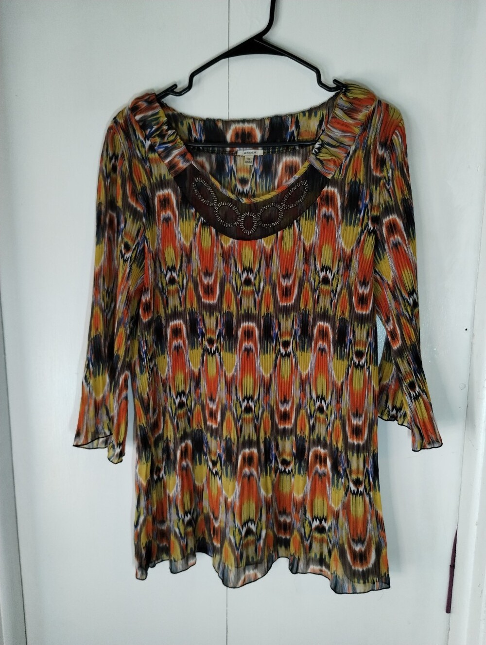 NICOLA Orange, Yellow & Brown Patterned Tunic with Embellished Neck